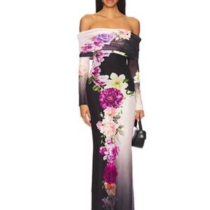 AFRM Black & Pink Floral Off-Shoulder Maxi Dress